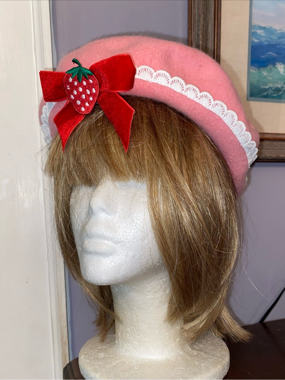 Womens Wool Strawberry Hat Pink Beret Bowknot Pearls French Style Fashion
